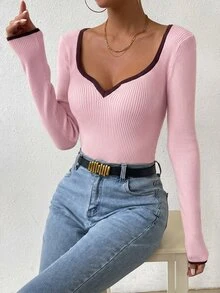 SHEIN 秋季休閒拼接飾邊修身針織衫 - 粉色 - 查看 8