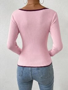 SHEIN 秋季休閒拼接飾邊修身針織衫 - 粉色 - 查看 2