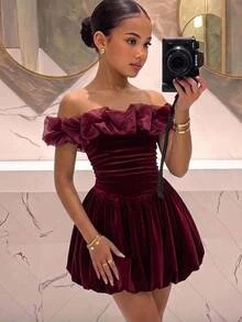 SHEIN Gaun Merah Tanpa Bahu untuk Anak Perempuan Remaja, Elegan untuk Acara Formal dan Pakaian Sehari-hari Kasual, Serbaguna - Merah - View 1