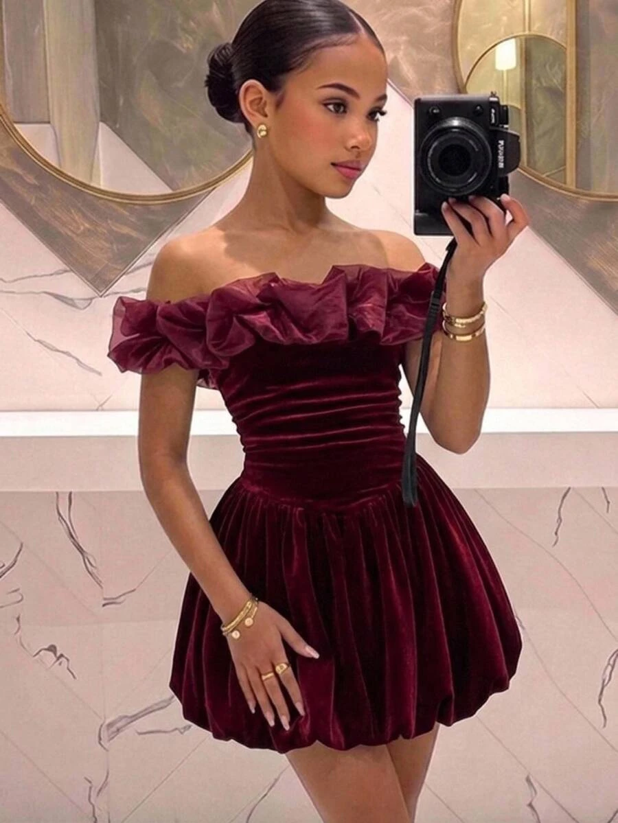 SHEIN Gaun Merah Tanpa Bahu untuk Anak Perempuan Remaja, Elegan untuk Acara Formal dan Pakaian Sehari-hari Kasual, Serbaguna - Merah - View 1