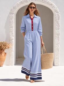 Trelyra French Striped Collared Jumpsuit, Contrast Color Placket Highlights Look, High Waist Cinched To Flatter Proportions, Loose Wide Leg Conceals Body Shape And Slims Down, Effortlessly Create Elegant And Crisp Vacation Commute Style - Blue - View 5