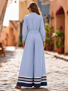 Trelyra French Striped Collared Jumpsuit, Contrast Color Placket Highlights Look, High Waist Cinched To Flatter Proportions, Loose Wide Leg Conceals Body Shape And Slims Down, Effortlessly Create Elegant And Crisp Vacation Commute Style - Blue - View 2