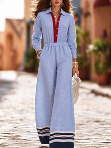 Trelyra French Striped Collared Jumpsuit, Contrast Color Placket Highlights Look, High Waist Cinched To Flatter Proportions, Loose Wide Leg Conceals Body Shape And Slims Down, Effortlessly Create Elegant And Crisp Vacation Commute Style - Blue - View 1