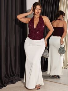Firerie Plus Size Elegant Sexy Sequin Embroidered Cowl Neck Backless Halter Top - Red - View 7