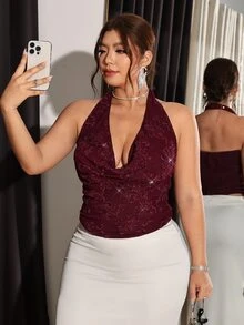 Firerie Plus Size Elegant Sexy Sequin Embroidered Cowl Neck Backless Halter Top - Red - View 6