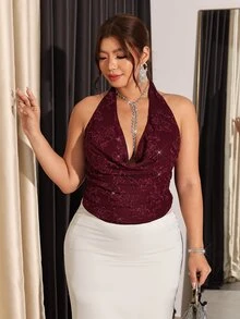 Firerie Plus Size Elegant Sexy Sequin Embroidered Cowl Neck Backless Halter Top - Red - View 4