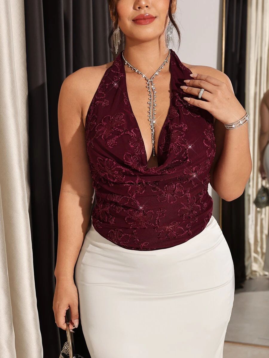 Firerie Plus Size Elegant Sexy Sequin Embroidered Cowl Neck Backless Halter Top - Red - View 1