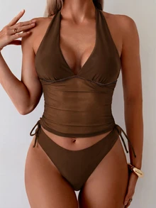 Swim Chiccia Women's Two Pieces Bikini Set, Casual Vacation Style - Coffee Brown - View 3