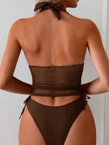 Swim Chiccia Women's Two Pieces Bikini Set, Casual Vacation Style - Coffee Brown - View 2