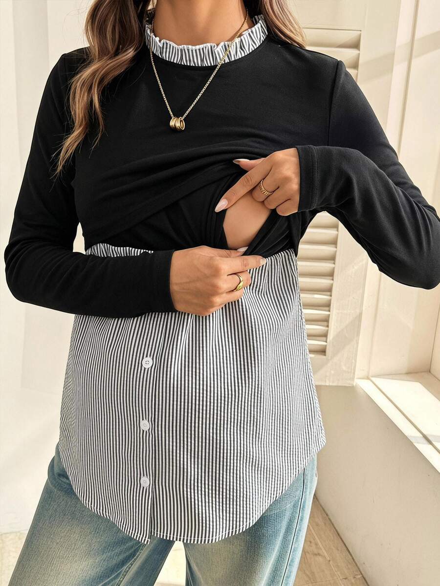 SHEIN Maternity Nursing Functional Button Striped Patchwork Long Sleeve Top Fall - Black - View 1