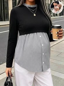 SHEIN Maternity Nursing Functional Button Striped Patchwork Long Sleeve Top Fall - Black - View 7