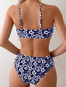 SHEIN Swim Women's Swimwear Set, Printed Tankini, Wireless - Navy Blue - View 2