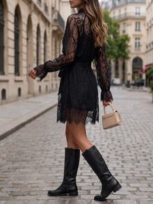 Editum Women's Lace Patchwork Pleated Sexy Lacy Date Night Casual Dress Halloween Black Autumn - Black - View 7