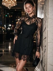 Editum Women's Lace Patchwork Pleated Sexy Lacy Date Night Casual Dress Halloween Black Autumn - Black - View 3