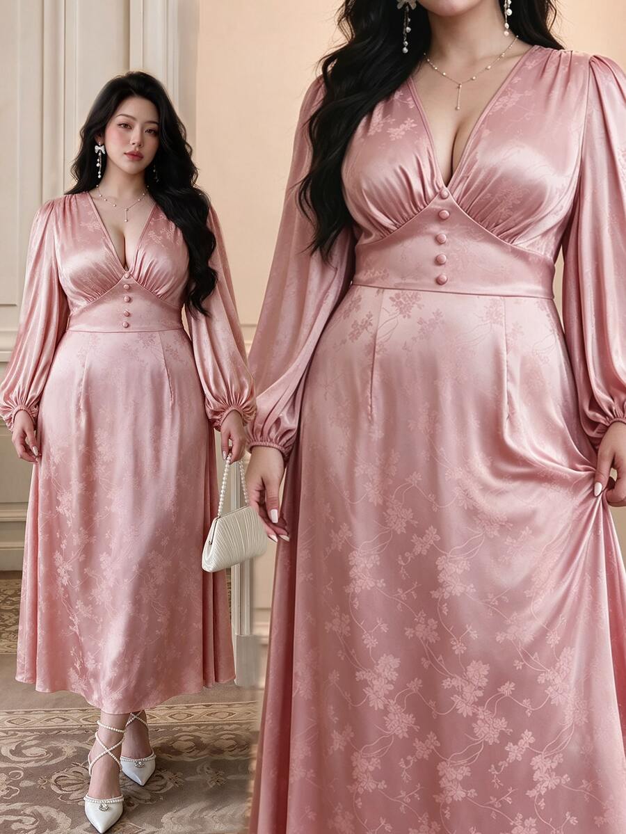 Vibekara New Spring Elegant Princess Style Sweet Jacquard Textured Fabric V-Neck Princess Seam Ruched Puff Long Sleeve Dress For Women, Formal Ball Gown Fall - Pink - View 1