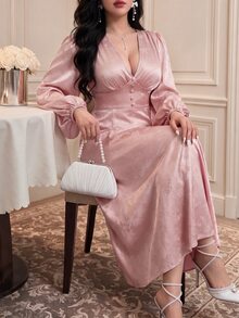 Vibekara New Spring Elegant Princess Style Sweet Jacquard Textured Fabric V-Neck Princess Seam Ruched Puff Long Sleeve Dress For Women, Formal Ball Gown Fall - Pink - View 4