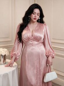 Vibekara New Spring Elegant Princess Style Sweet Jacquard Textured Fabric V-Neck Princess Seam Ruched Puff Long Sleeve Dress For Women, Formal Ball Gown Fall - Pink - View 6
