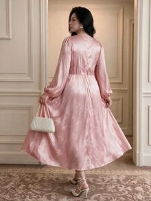 Vibekara New Spring Elegant Princess Style Sweet Jacquard Textured Fabric V-Neck Princess Seam Ruched Puff Long Sleeve Dress For Women, Formal Ball Gown Fall - Pink - View 2