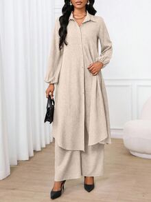 SHEIN Lady 女款翻領長袖單排扣長大衣與純色長褲兩件套 - 杏色 - 查看 5
