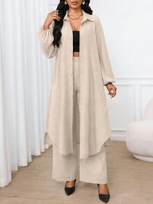 SHEIN Lady 女款翻領長袖單排扣長大衣與純色長褲兩件套 - 杏色 - 查看 3