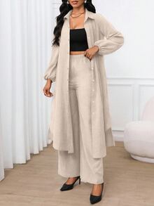 SHEIN Lady 女款翻領長袖單排扣長大衣與純色長褲兩件套 - 杏色 - 查看 7