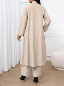 SHEIN Lady 女款翻領長袖單排扣長大衣與純色長褲兩件套 - 杏色 - 查看 2