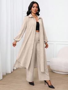 SHEIN Lady 女款翻領長袖單排扣長大衣與純色長褲兩件套 - 杏色 - 查看 6