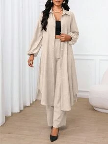 SHEIN Lady 女款翻領長袖單排扣長大衣與純色長褲兩件套 - 杏色 - 查看 4