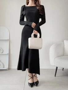 FRIFUL Women's Autumn Off-Shoulder Bow-Decorated Sweater Dress - Black - View 4