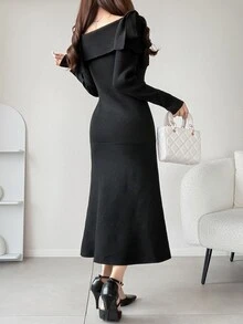 FRIFUL Women's Autumn Off-Shoulder Bow-Decorated Sweater Dress - Black - View 2
