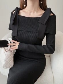 FRIFUL Women's Autumn Off-Shoulder Bow-Decorated Sweater Dress - Black - View 6