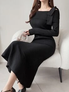 FRIFUL Women's Autumn Off-Shoulder Bow-Decorated Sweater Dress - Black - View 7