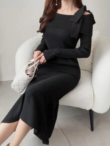 FRIFUL Women's Autumn Off-Shoulder Bow-Decorated Sweater Dress - Black - View 5