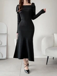 FRIFUL Women's Autumn Off-Shoulder Bow-Decorated Sweater Dress - Black - View 3