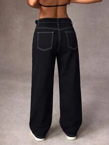 SHEIN Tall Celana Jeans Denim Kasual Longgar Kaki Lebar dengan Desain Gesper Pinggang untuk Wanita - Hitam - View 2