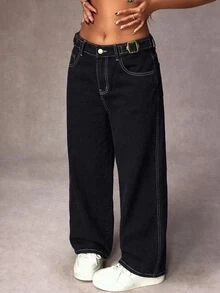 SHEIN Tall Celana Jeans Denim Kasual Longgar Kaki Lebar dengan Desain Gesper Pinggang untuk Wanita - Hitam - View 5