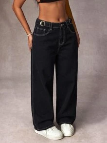 SHEIN Tall Celana Jeans Denim Kasual Longgar Kaki Lebar dengan Desain Gesper Pinggang untuk Wanita - Hitam - View 6