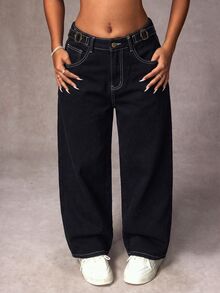 SHEIN Tall Celana Jeans Denim Kasual Longgar Kaki Lebar dengan Desain Gesper Pinggang untuk Wanita - Hitam - View 4