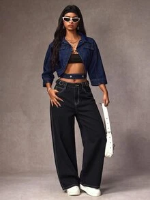 SHEIN Tall Celana Jeans Denim Kasual Longgar Kaki Lebar dengan Desain Gesper Pinggang untuk Wanita - Hitam - View 3
