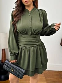 Vionelle Gaun Pendek Wanita Ukuran Besar dengan Kerah Tegak, Bagian Depan Setengah Terbuka, Kancing Logam, Ikat Pinggang Vintage, Hem Berlapis Ruffle, Lengan Panjang, Warna Hijau Army, Cocok untuk Brunch Elegan - Aprikot - View 1