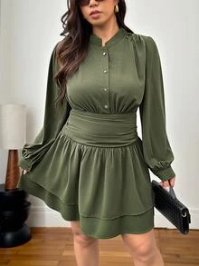 Vionelle Gaun Pendek Wanita Ukuran Besar dengan Kerah Tegak, Bagian Depan Setengah Terbuka, Kancing Logam, Ikat Pinggang Vintage, Hem Berlapis Ruffle, Lengan Panjang, Warna Hijau Army, Cocok untuk Brunch Elegan - Aprikot - View 4