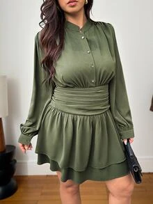 Vionelle Gaun Pendek Wanita Ukuran Besar dengan Kerah Tegak, Bagian Depan Setengah Terbuka, Kancing Logam, Ikat Pinggang Vintage, Hem Berlapis Ruffle, Lengan Panjang, Warna Hijau Army, Cocok untuk Brunch Elegan - Aprikot - View 5
