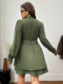 Vionelle Gaun Pendek Wanita Ukuran Besar dengan Kerah Tegak, Bagian Depan Setengah Terbuka, Kancing Logam, Ikat Pinggang Vintage, Hem Berlapis Ruffle, Lengan Panjang, Warna Hijau Army, Cocok untuk Brunch Elegan - Aprikot - View 2