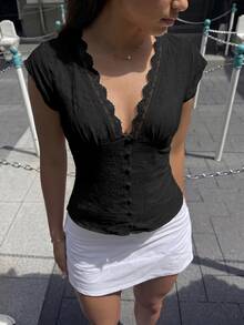 Firerie Women's Contrast Color Lace Deep V-Neck Sleeveless Sexy Blouse Elegant Vacation Suitable For Spring And Summer Everyday Night Out Black - Black - View 6