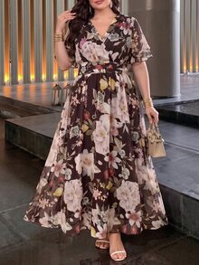 Modelyn Plus Size Women's Fashion Simple Elegant Cinched Waist Flattering Flare Dress - Coffee Brown - View 3