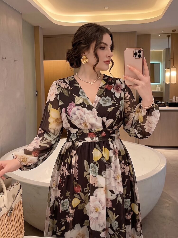 Modelyn Plus Size Women's Fashion Simple Elegant Cinched Waist Flattering Flare Dress - Coffee Brown - View 1