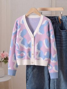 Girls' Autumn/Winter Fashion Patterned Jacquard Knit Cardigan Sweater, Long Sleeve - Multicolor - View 9