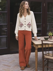Dayvera Autumn Casual Cottagecore Floral Embroidered Cardigan Garden Party Brunch Cream - Apricot - View 2