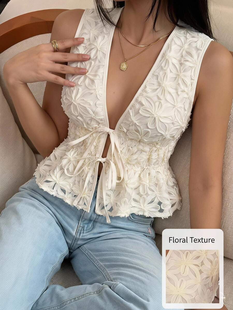 Serisse 女式提花深V领系腰荷叶边下摆性感时尚衬衫 - 杏色 - 查看 1