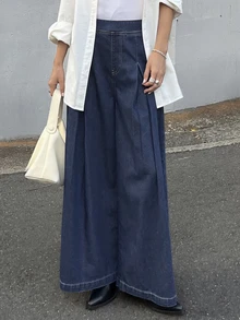 FRIFUL Women's Pleated Wide Leg Loose Casual Versatile Denim Jeans - Blue - View 4